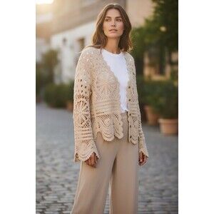 Solitaire Crochet Open Knit Cardigan Womens Small Scalloped Hem Bell Sleeve Boho